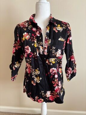 New York & Company Black Floral Button-Down Blouse with Pink and Yellow Blooms